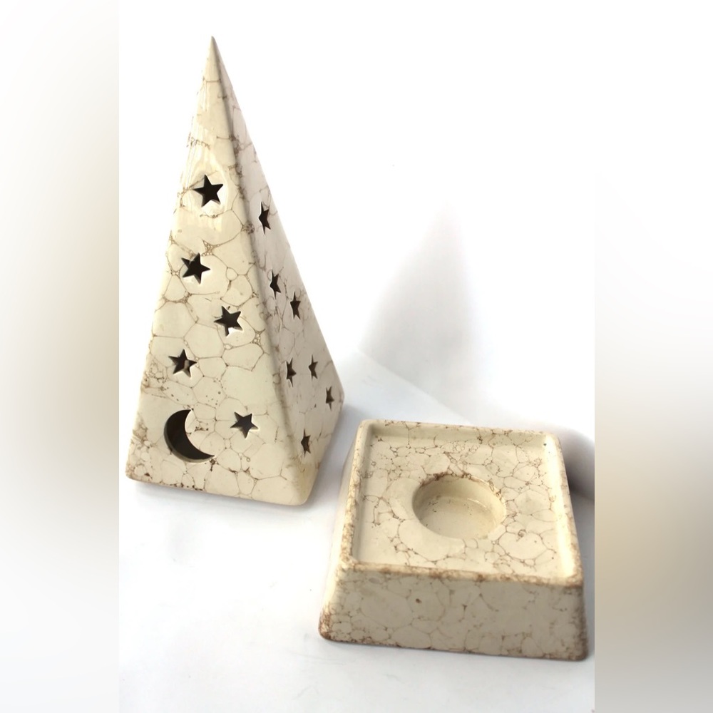 PartyLite Cream Marbleized Pyramid Candle Holder with Star & Moon Cutouts - Picture 4 of 4
